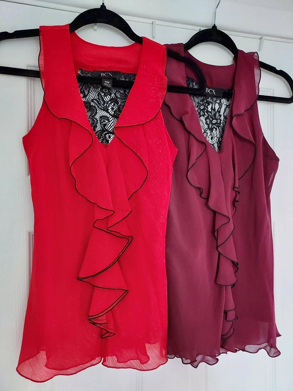 BCX Red and Wine Ruffled V-Neck Sleeveless Blouses
